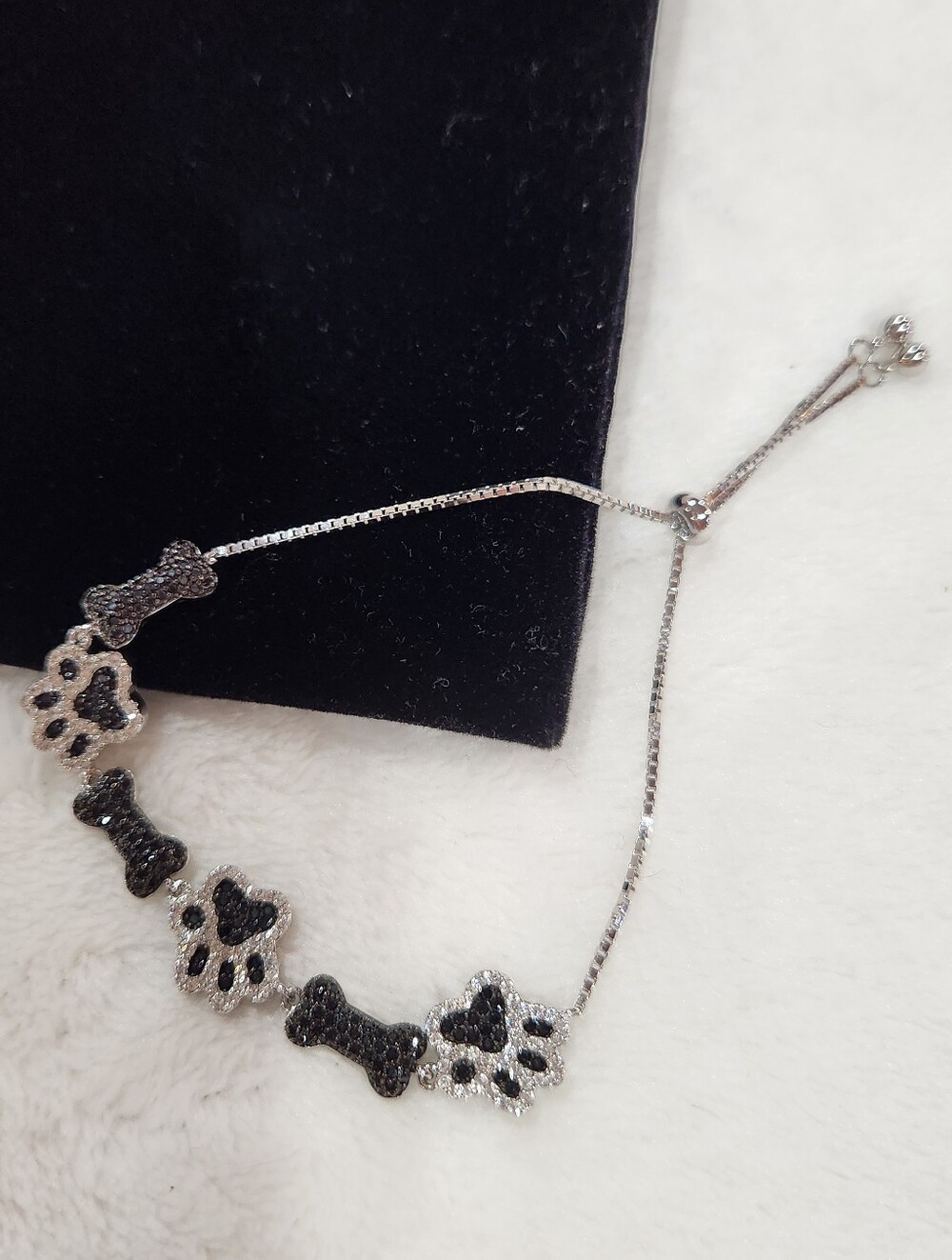 Sterling Silver Polished CZ Paw Print &  Dog Bone Slider Bracelet